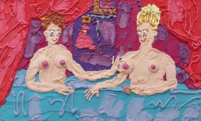 Frank Xerox, acrylic and casting plaster on board, figures on a bed, initialled and dated. H.84 W.