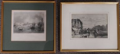 A 19th century partially coloured lithograph 'The Port of London' and an etching, barges in a