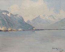 A signed oil on board, Swiss lake and mountain range, titled 'Dents du Midi'; indistinctly signed to