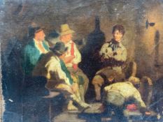 A 19th century oil on canvas depicting seated figures in conversation. H.21 W.24cm.