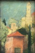 A small early 20th century Impressionist style oil on canvas depicting a continental village