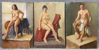 Three mid-century nude oil portraits on canvas by Robert De Quin. All unframed, one signed to the