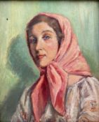 An oil on canvas, an Impressionist style portrait of a lady, in a painted frame with indistinct