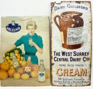 Two vintage enamel signs to include one advert for Val Clair, and one for The West Surrey Central