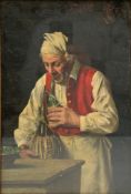 A late 19th century oil on canvas depicting a man syphoning liquid from a bottle. Signed S. Auteri