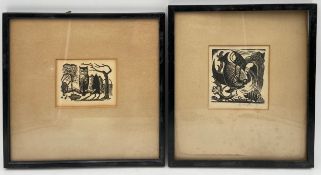 Two woodblock prints, one depicting an owl, and the other a fish; the second being signed by
