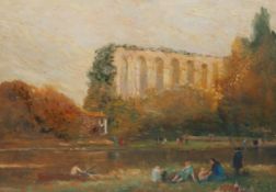 Oil on board, river scene with a Roman viaduct in the background, signed Marks, in a gilt frame. H.