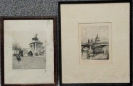 Two framed and glazed etchings, London landmark buildings, one signed. H.36.5 W.31cm (largest)