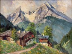 An early 20th century oil on board, mountainous alpine landscape, framed with indistinct notes to