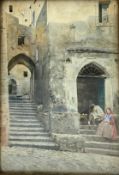 Peter Woltze (1860-1925), a signed watercolour study of two seated figures in a continental street