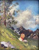 A signed 19th century oil on board, seated lady on a hillside in an alpine landscape, in a carved