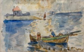 In the manner of Paul Signac, a signed pencil and watercolour sketch on paper, fisherman with nets