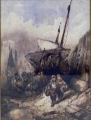 Charles Hoguet (1821-1870), a signed 19th century watercolour on paper, fisherfolk on the shore.