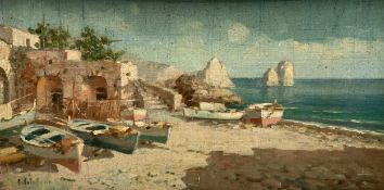 A 19th century oil on board, boats on a continental shoreline. Framed and indistinctly signed. H.