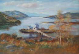 A signed 20th century oil on board depicting a castle on a loch, by Donald M. Shearer, in a gilt