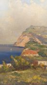 A signed Impressionist style oil on board, a continental landscape view of cliffs and sea, in a gilt