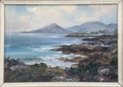 A 20th century oil on board seascape titled 'The White Strand - Castlecove - Kerry', in a beech