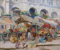 A monogrammed Impressionist style oil on board titled 'Un March, France' by Helda M. Pearson, in a