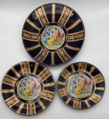 Three hand decorated plates in the style of Royal Vienna, each with a central pictorial cartouche