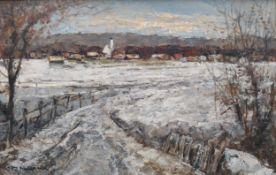 Otto Hellmeier (1908-1996), a signed oil on board, winter landscape, titled 'Winter Am Lauseck'.