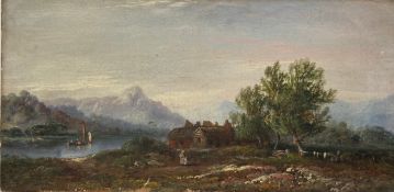 A 19th century oil landscape on canvas, two figures and a cottage on a landscape with a