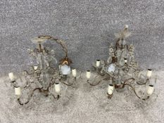 A pair of vintage six branch chandeliers, cut crystal on metal frames. H.77 Dia.52cm.