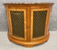 A contemporary walnut and birdseye maple demi-lune console table or radiator cabinet with metal