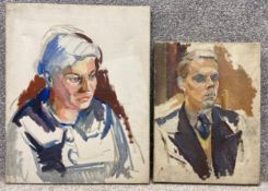 Two oil portrait studies on canvas by Robert De Quin. Unframed and unsigned. H.51 W.40cm.