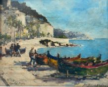 An oil on board, boats in a coastal scene in Nice, in a painted frame, indistinctly signed with