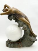 An Art Deco painted chalkware figural lamp with a milk-glass spherical shade, with incised