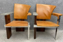 A pair of 1970's French modernist asymmetrical chairs in chrome, leather, glass and zebrawood. H.