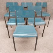 A set of six 1960's tubular steel and laminated bentwood stacking chairs by Shepherd, with maker's