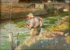 A watercolour study on paper, man dredging a river, framed and glazed. H.31 W.42cm.