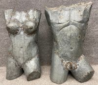Two shaped galvanised steel male and female torso figural sculptures, with maker's stamp. H.70cm.
