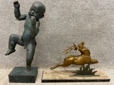 An Art Deco bronze deer on a marble base in the manner of Édouard Guy Comte de Passage, along