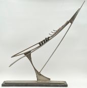 A signed and dated Constructivist style sheet metal sculpture from 1969 by Robert De Quin, on a