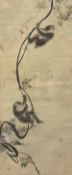 A large 19th century Japanese painting on silk depicting two monkey's climbing a vine. Framed and