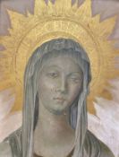 An early 20th century Icon painting in oil on gesso depicting the Virgin Mary with a gilt halo