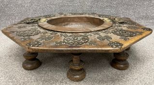 A 19th century Spanish brazier table with a central copper and brass bowl inset into an octagonal