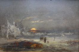 An early to mid 20th century oil on canvas depicting three huntsmen and a dog in a winter