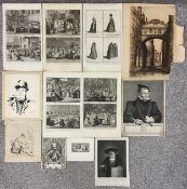 A collection of eleven engravings and one signed pen drawing; one engraving hand coloured and