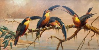 Renato Cataldi (1909-1981), A signed oil on board titled 'Tucanos de Bicosrreto'. Framed with