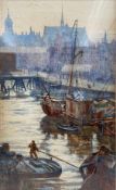 A 19th century watercolour study of a Dutch harbour, framed and glazed. H.56 W.41cm.