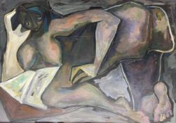 A signed abstract cubist style oil on board, portrait of a woman and book 1953, by M. Bonarelli,