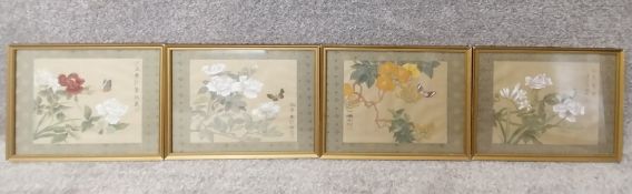 A set of four Chinese gouache paintings on silk of flowers and butterflies, with calligraphic