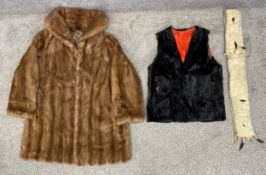 Three furs to include a mink coat, a pony hide waistcoat and white ermine collar. Chest 55cm.