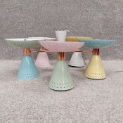 A mid-century enamelled metal chandelier in alternating pastel colours with five copper branches