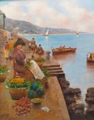 A signed oil painting on canvas titled 'Napoli a la Mattina', depicting a seated fruit seller by the