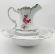 A W.H. Grindley & Co. and C.W.S. Longton dual-marked porcelain jug and wash basin with flowers and