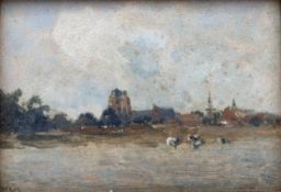 A signed 19th century oil landscape on board, field with sheep and a village in the background.